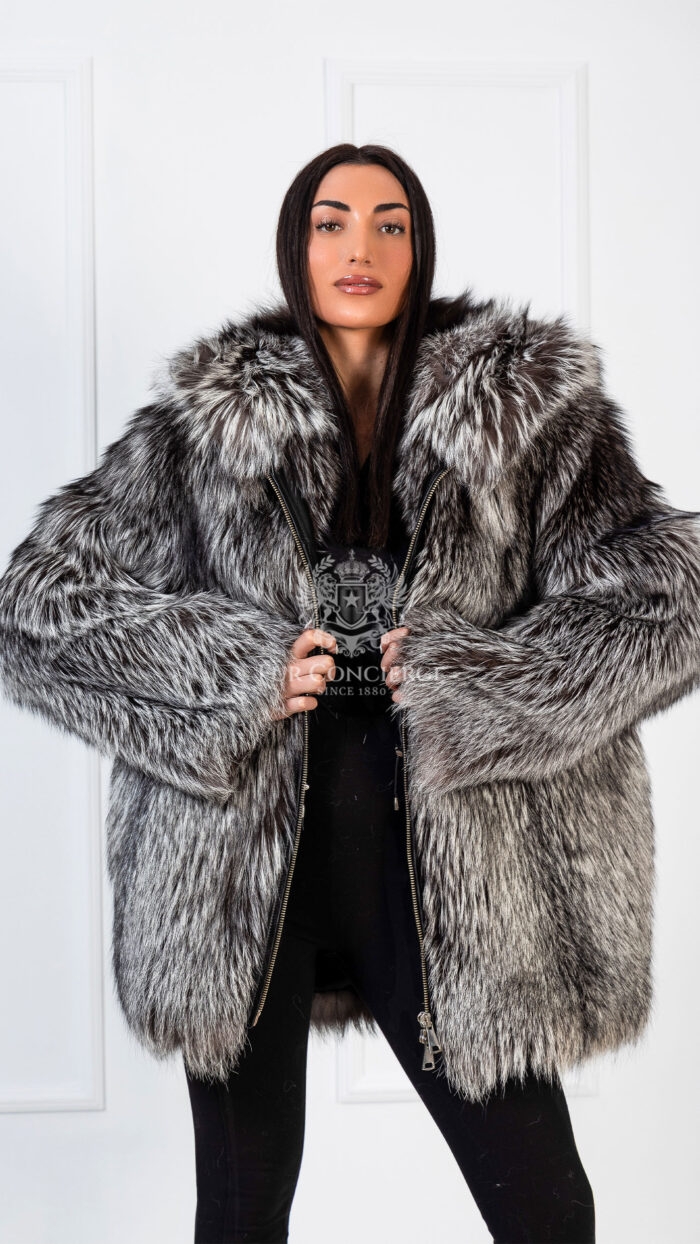 Romy | Luxury Silver Fox Fur Jacket With Big Hood