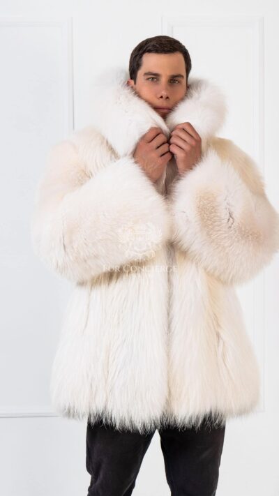 Cosmo | Men's Luxury Scandinavian Artic Beige Finn Raccoon Fur Jacket With Huge Lavish Collar