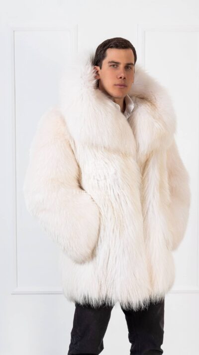 Cosmo | Men's Luxury Scandinavian Artic Beige Finn Raccoon Fur Jacket With Huge Lavish Collar