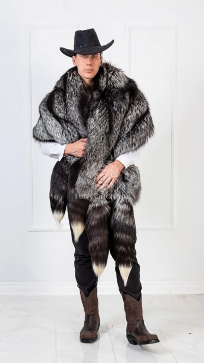 Atlas | Men's Double Side Silver Fox & Black Rex Fur Boa-Cape With Detachable Tails