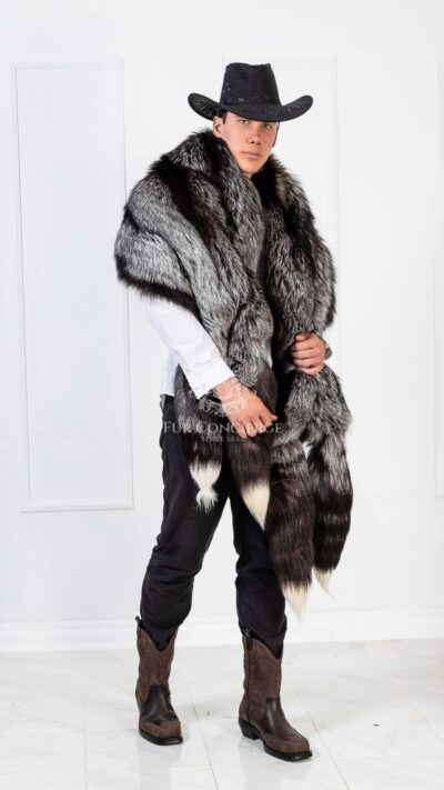 Atlas | Men's Double Side Silver Fox & Black Rex Fur Boa-Cape With Detachable Tails