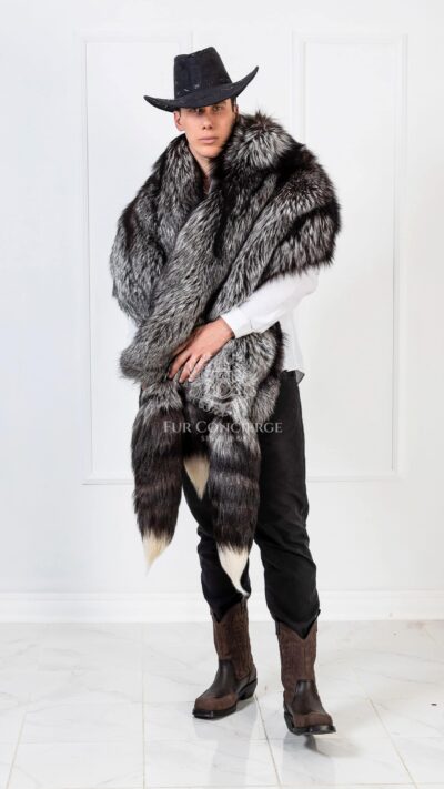 Atlas | Men's Double Side Silver Fox & Black Rex Fur Boa-Cape With Detachable Tails