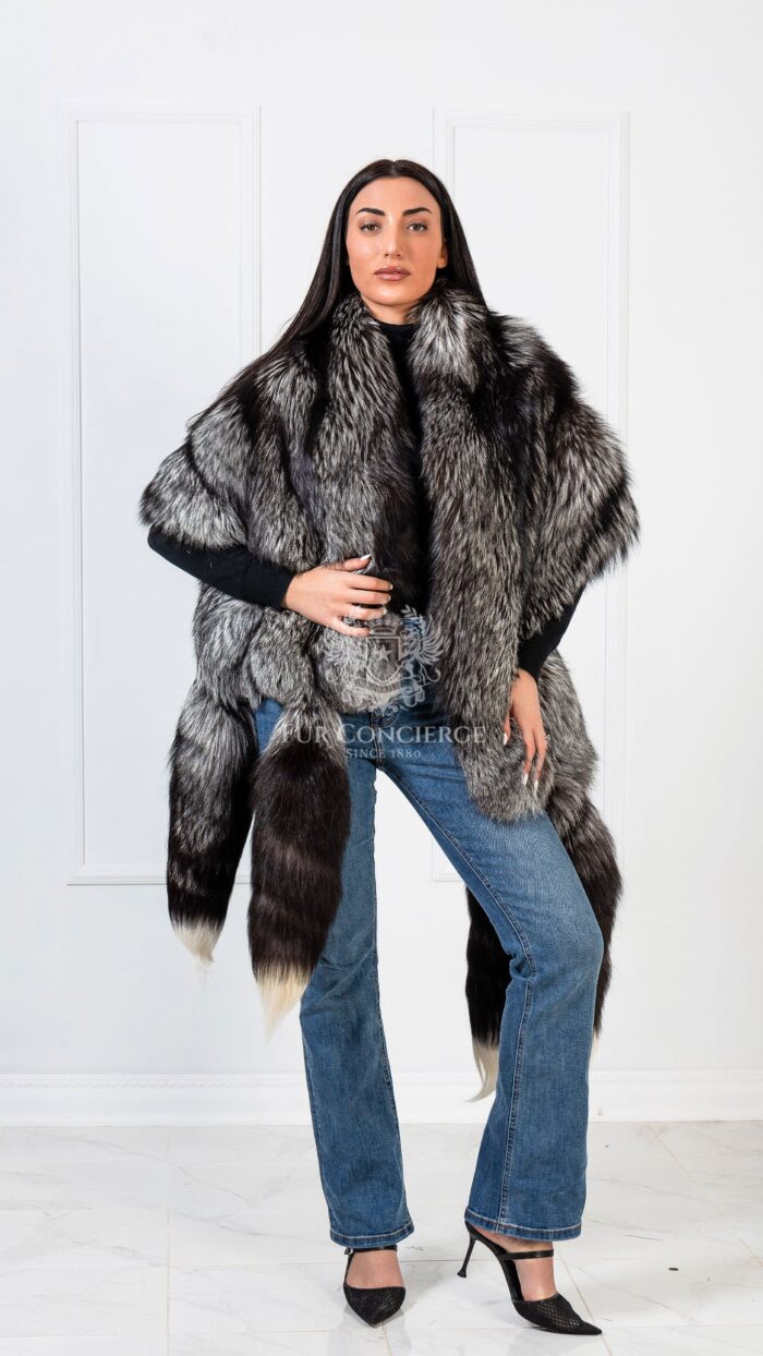 Blossom | Luxury Double Side Silver Fox & Black Rex Fur Boa-Cape With Detachable Tails