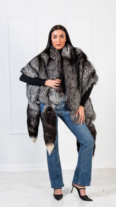 Blossom | Luxury Double Side Silver Fox & Black Rex Fur Boa-Cape With Detachable Tails