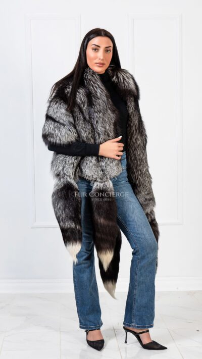 Blossom | Luxury Double Side Silver Fox & Black Rex Fur Boa-Cape With Detachable Tails