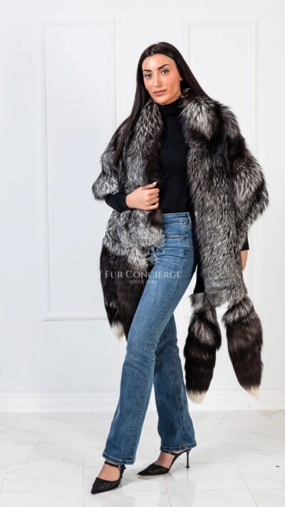 Blossom | Luxury Double Side Silver Fox & Black Rex Fur Boa-Cape With Detachable Tails