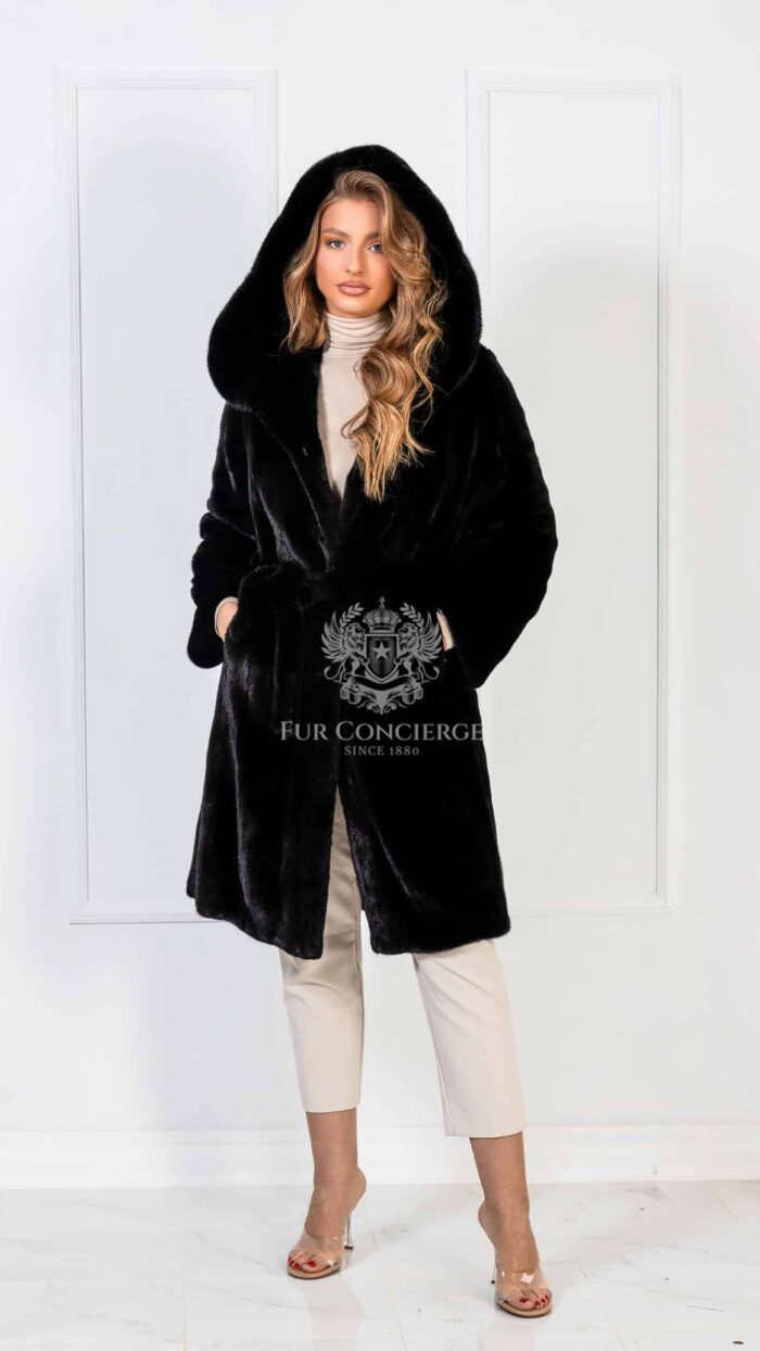 Paisleigh | Luxury Scandinavian Mink Long Coat With Double Full Skin Hood & Fur Belt