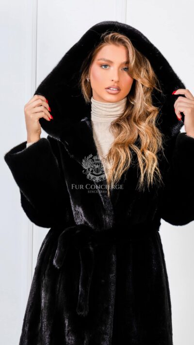 Paisleigh | Luxury Scandinavian Mink Long Coat With Double Full Skin Hood & Fur Belt