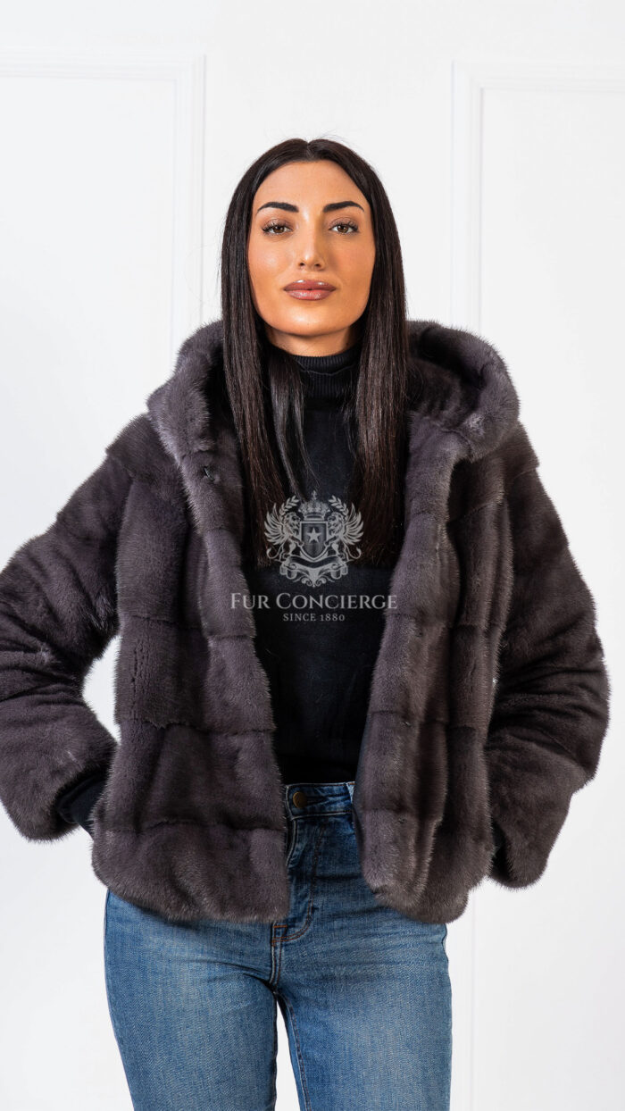 Clementine | Luxury Scandinavian Dyed Deep Grey Mink Fur Jacket With Lavish Hood