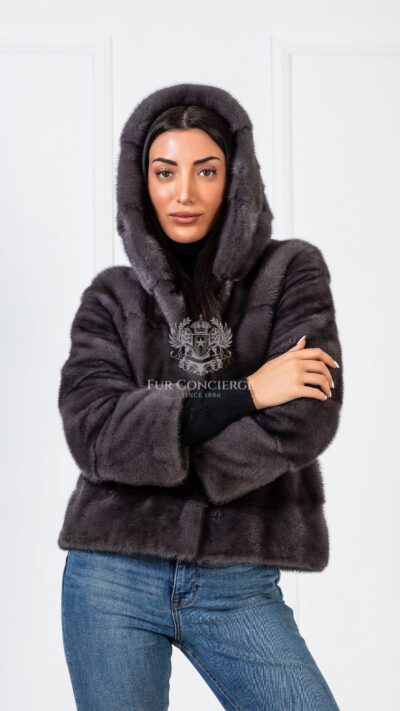 Clementine | Luxury Scandinavian Dyed Deep Grey Mink Fur Jacket With Lavish Hood