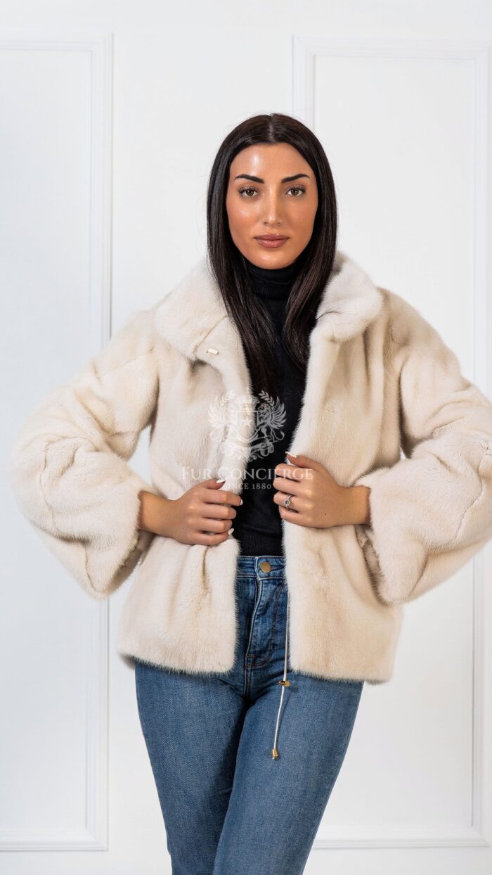 Katniss | Luxury Scandinavian Pearl Beige Mink Fur Jacket With Stand Collar