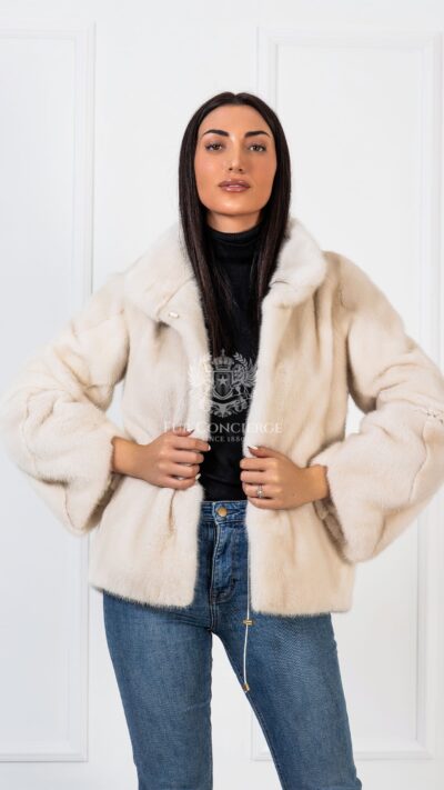 Katniss | Luxury Scandinavian Pearl Beige Mink Fur Jacket With Stand Collar