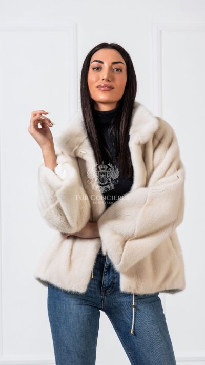 Katniss | Luxury Scandinavian Pearl Beige Mink Fur Jacket With Stand Collar