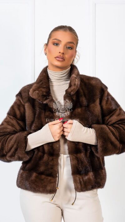 Heather | Luxury Scandinavian Brown Short Mink Fur Jacket With Stand Collar