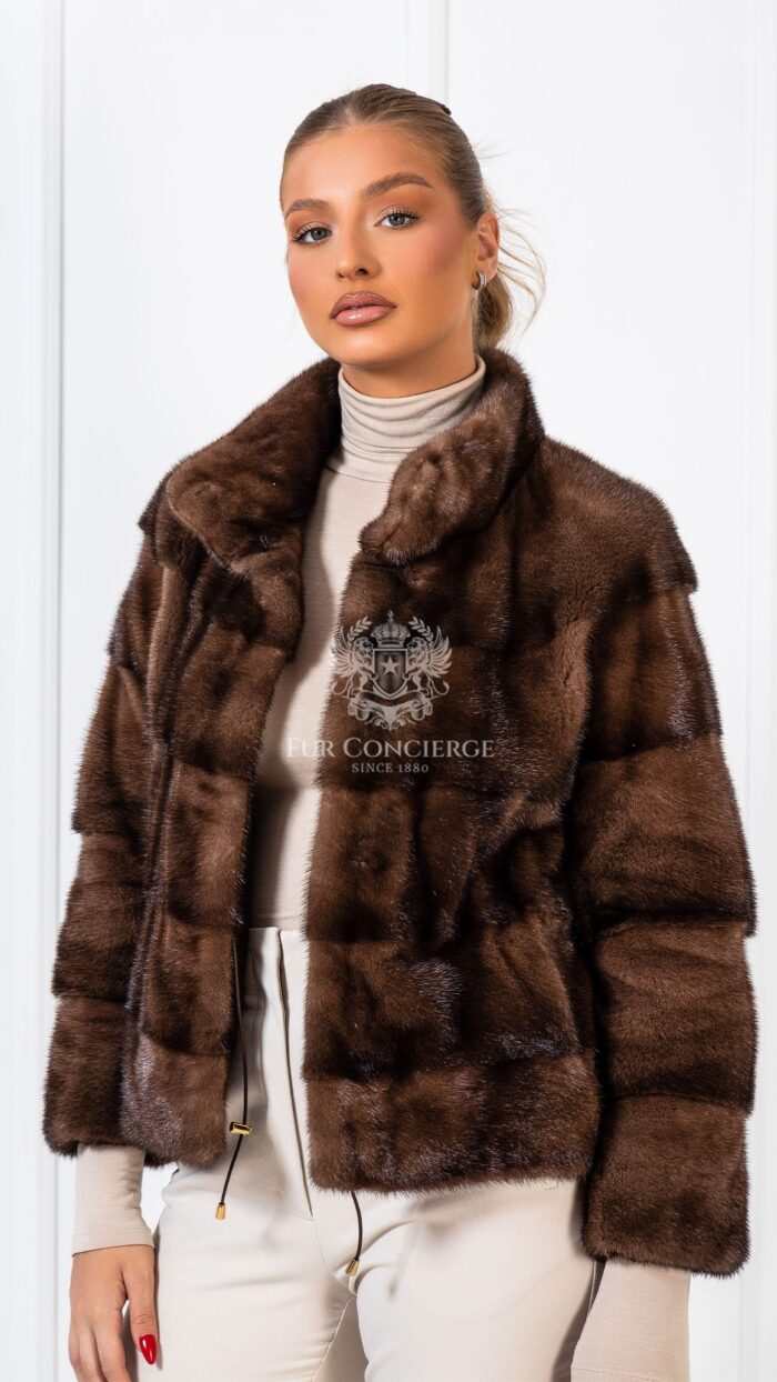 Heather | Luxury Scandinavian Brown Short Mink Fur Jacket With Stand Collar