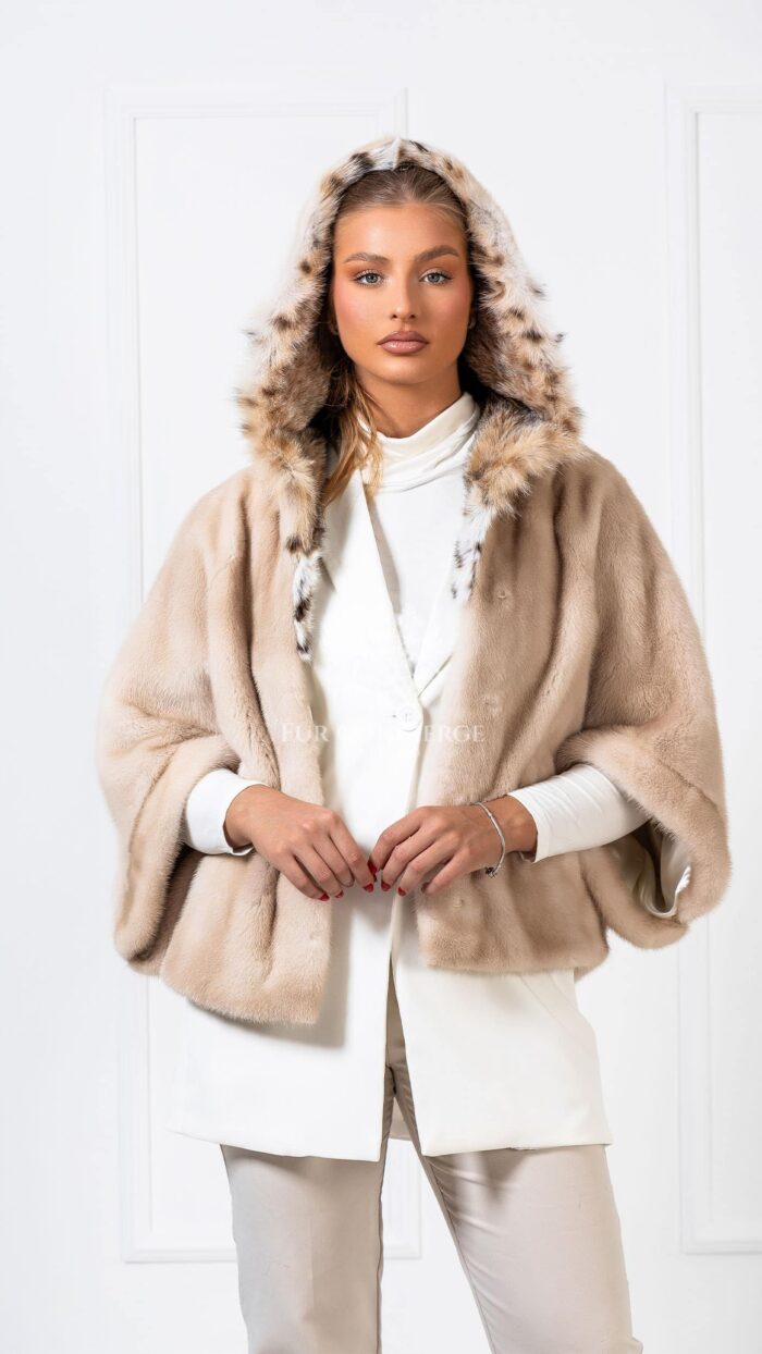 Ludovica | Luxury Scandinavian Palomino Mink Fur Cape-Jacket With Lavish Lynx Fur Hood