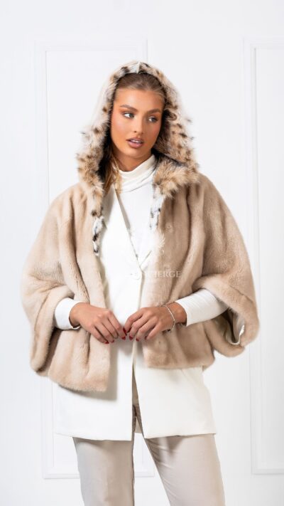 Ludovica | Luxury Scandinavian Palomino Mink Fur Cape-Jacket With Lavish Lynx Fur Hood