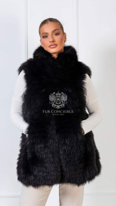 Ione | Luxury Black Fox Fur Vest With Stand Up Collar