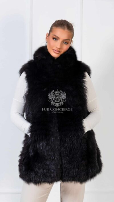 Ione | Luxury Black Fox Fur Vest With Stand Up Collar