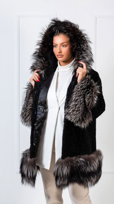 Sonnet | Luxury Black Astrakhan Lamp Fur Jacket With Silver Fox Trim & Hood