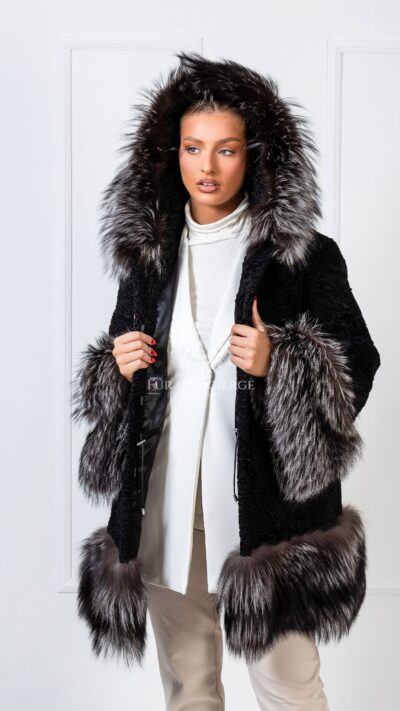 Sonnet | Luxury Black Astrakhan Lamp Fur Jacket With Silver Fox Trim & Hood