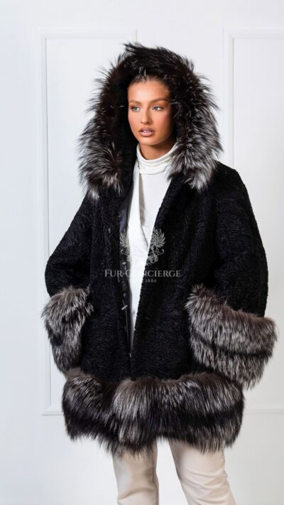 Sonnet | Luxury Black Astrakhan Lamp Fur Jacket With Silver Fox Trim & Hood