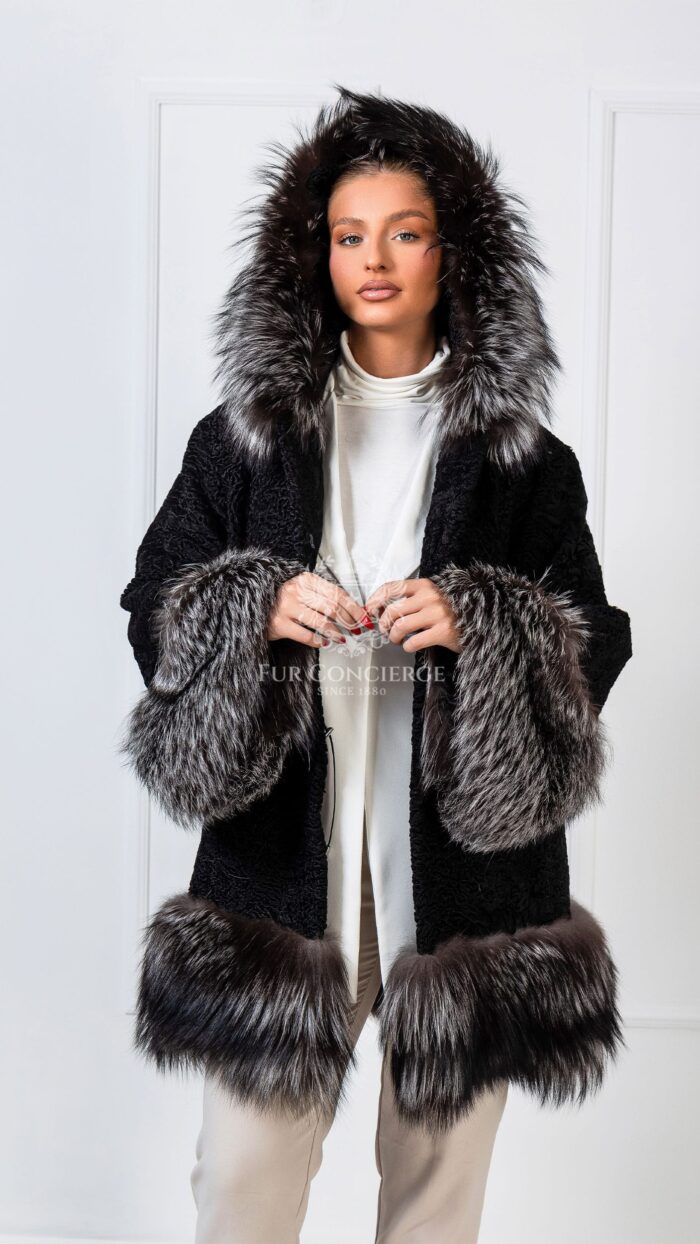 Sonnet | Luxury Black Astrakhan Lamp Fur Jacket With Silver Fox Trim & Hood