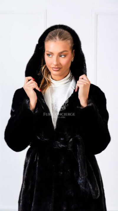 Agata | Luxurious American Blackglama Mink Full Length Fur Coat With Lavish Hood & Fur Belt