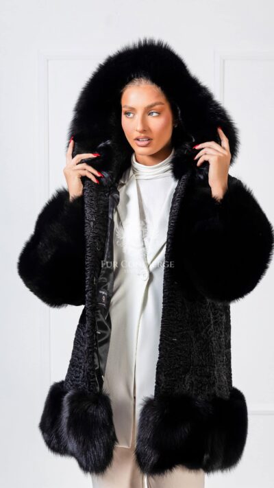 Gwynne | Luxury Black Astrakhan Lamp Fur Coat Jacket With Saga Black Fox Trim & Hood