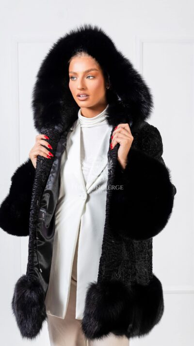 Gwynne | Luxury Black Astrakhan Lamp Fur Coat Jacket With Saga Black Fox Trim & Hood