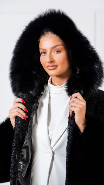 Gwynne | Luxury Black Astrakhan Lamp Fur Coat Jacket With Saga Black Fox Trim & Hood