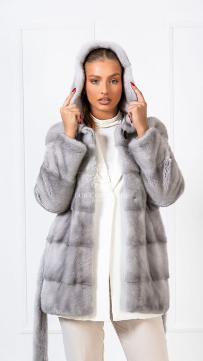 Allegra | Luxury Scandinavian Sapphire Mink Fur Jacket With Lavish Fur Hood & Belt