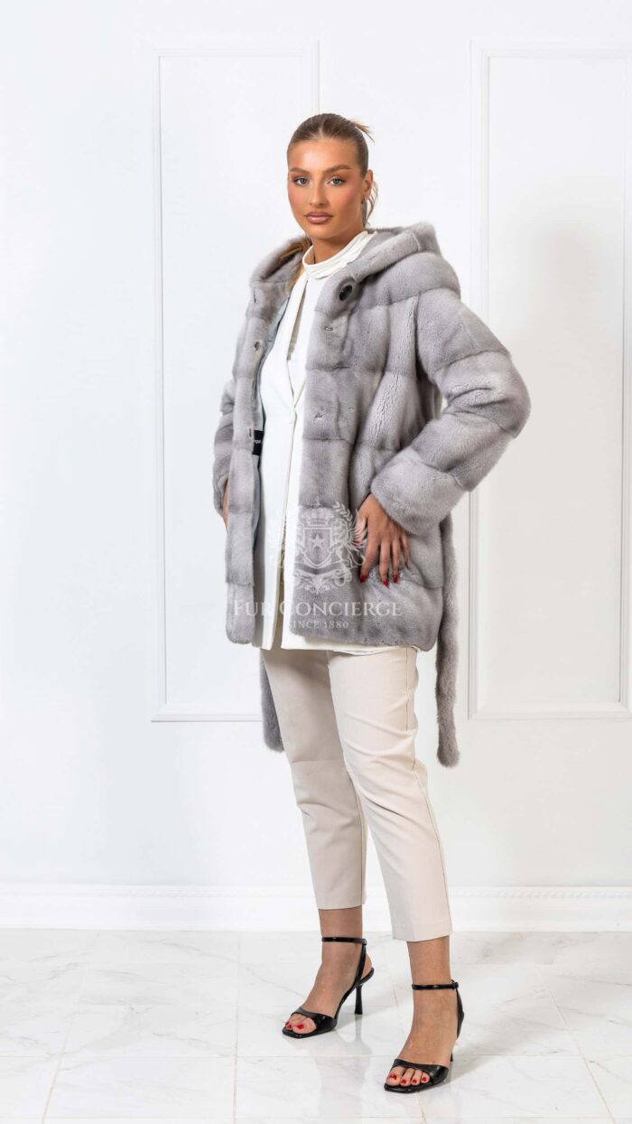 Allegra | Luxury Scandinavian Sapphire Mink Fur Jacket With Lavish Fur Hood & Belt