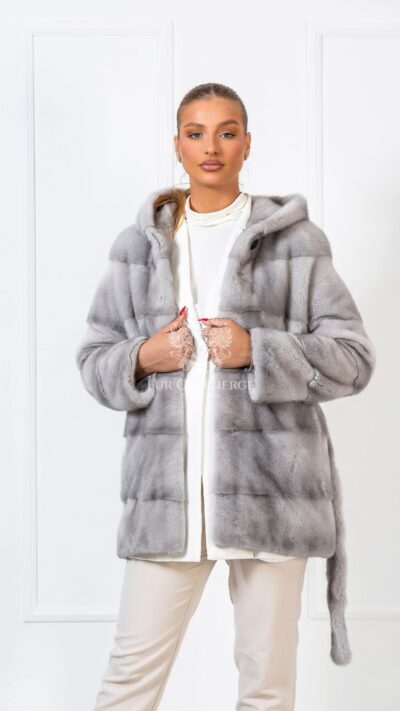 Allegra | Luxury Scandinavian Sapphire Mink Fur Jacket With Lavish Fur Hood & Belt