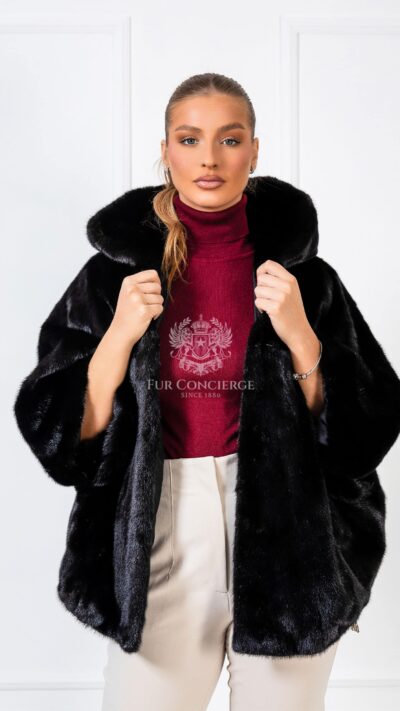 Francesca | Luxury Black Mink Fur Cape With Hood