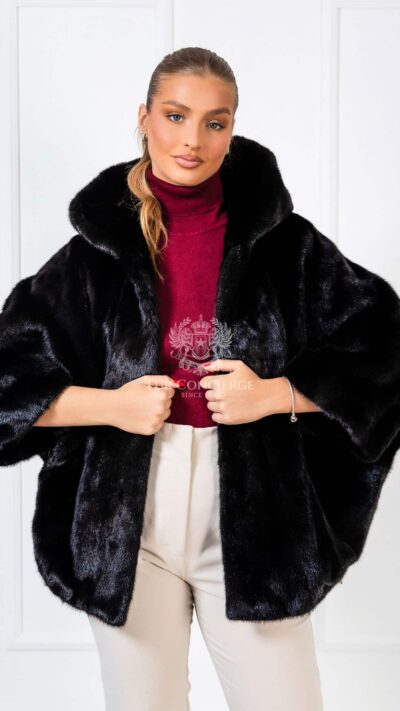 Francesca | Luxury Black Mink Fur Cape With Hood