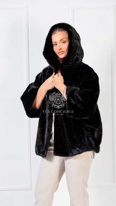 Francesca | Luxury Black Mink Fur Cape With Hood