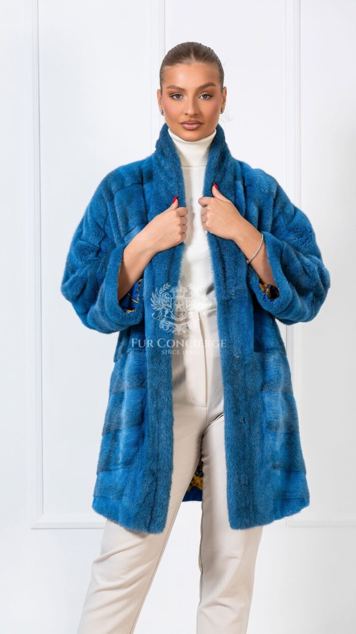 Vashti | Luxury Scandinavian Cross Mink Dyed In Blue Fur Coat With Lavish Shawl Collar