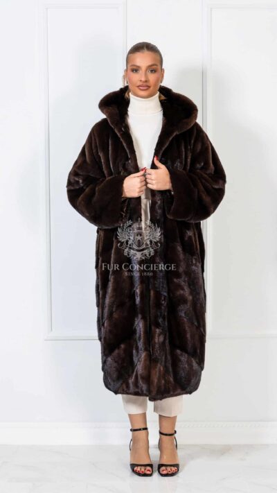 Chiara | Luxury Scandinavian Mahogany Mink Full Length Fur Coat Diagonal Cut With Lavish Hood