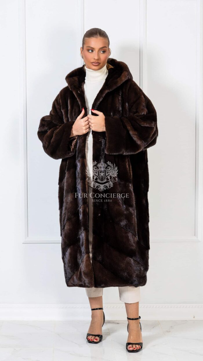 Chiara | Luxury Scandinavian Mahogany Mink Full Length Fur Coat Diagonal Cut With Lavish Hood