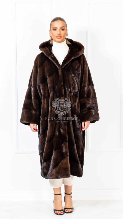 Chiara | Luxury Scandinavian Mahogany Mink Full Length Fur Coat Diagonal Cut With Lavish Hood