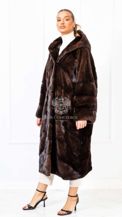 Chiara | Luxury Scandinavian Mahogany Mink Full Length Fur Coat Diagonal Cut With Lavish Hood