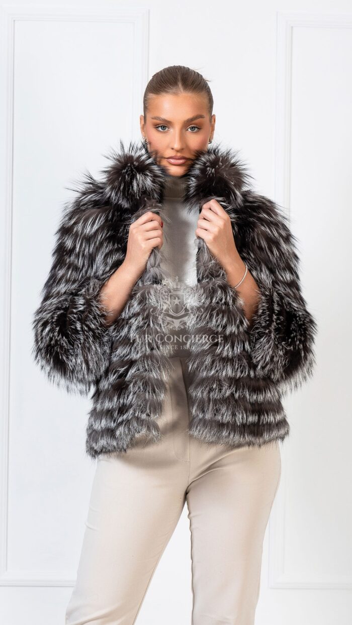 Talulla | Luxury Silver Fox Fur Jacket With Stand Up Collar