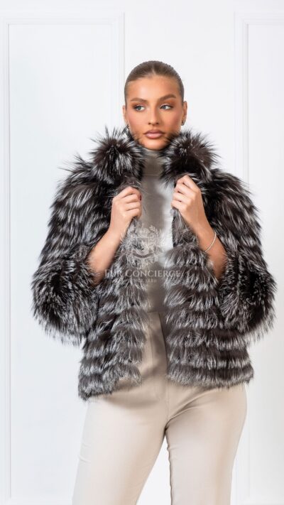 Talulla | Luxury Silver Fox Fur Jacket With Stand Up Collar