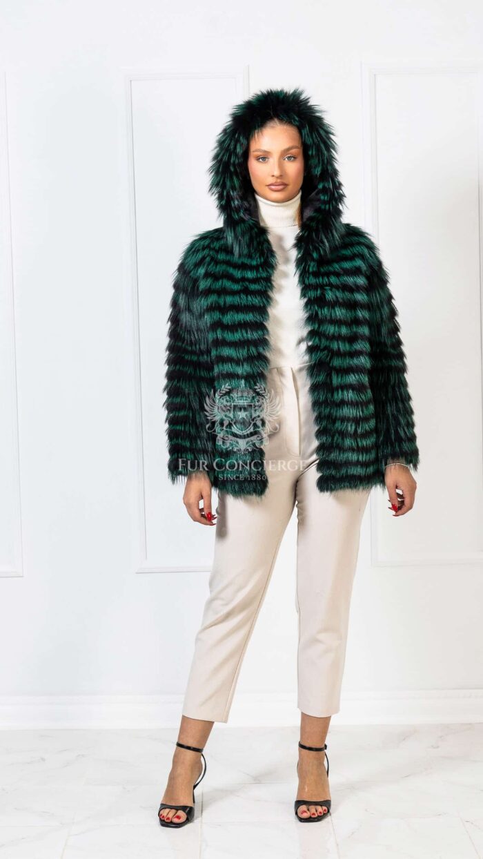 Wisteria | Luxury Green Silver Fox Fur Jacket With Hood