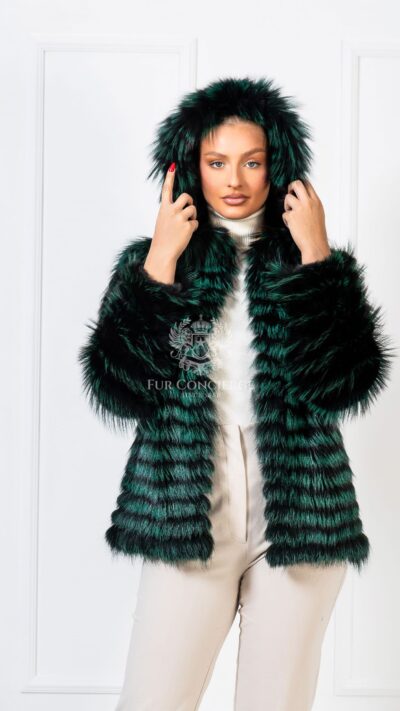 Wisteria | Luxury Green Silver Fox Fur Jacket With Hood