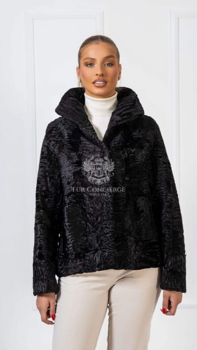 Vera | Luxury Swakara Black Fur Jacket With Lavish Open Collar