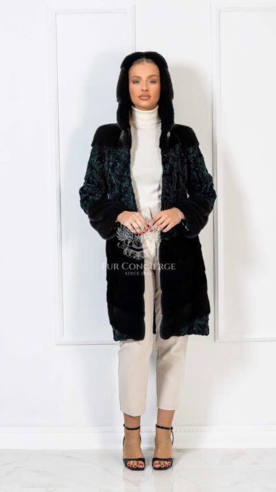 Calista | Luxury Scandinavian Forest Green  Mink With Swakara Fur Coat Combination