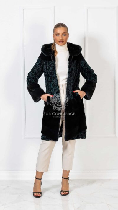 Calista | Luxury Scandinavian Forest Green  Mink With Swakara Fur Coat Combination