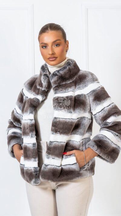 Rain | Luxury Rex Chinchilla Beige Fur Jacket With Stand Collar